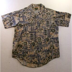 Vintage Oakton Limited Mens Large Blue Tan Tropical Floral Cotton Shirt USA Made